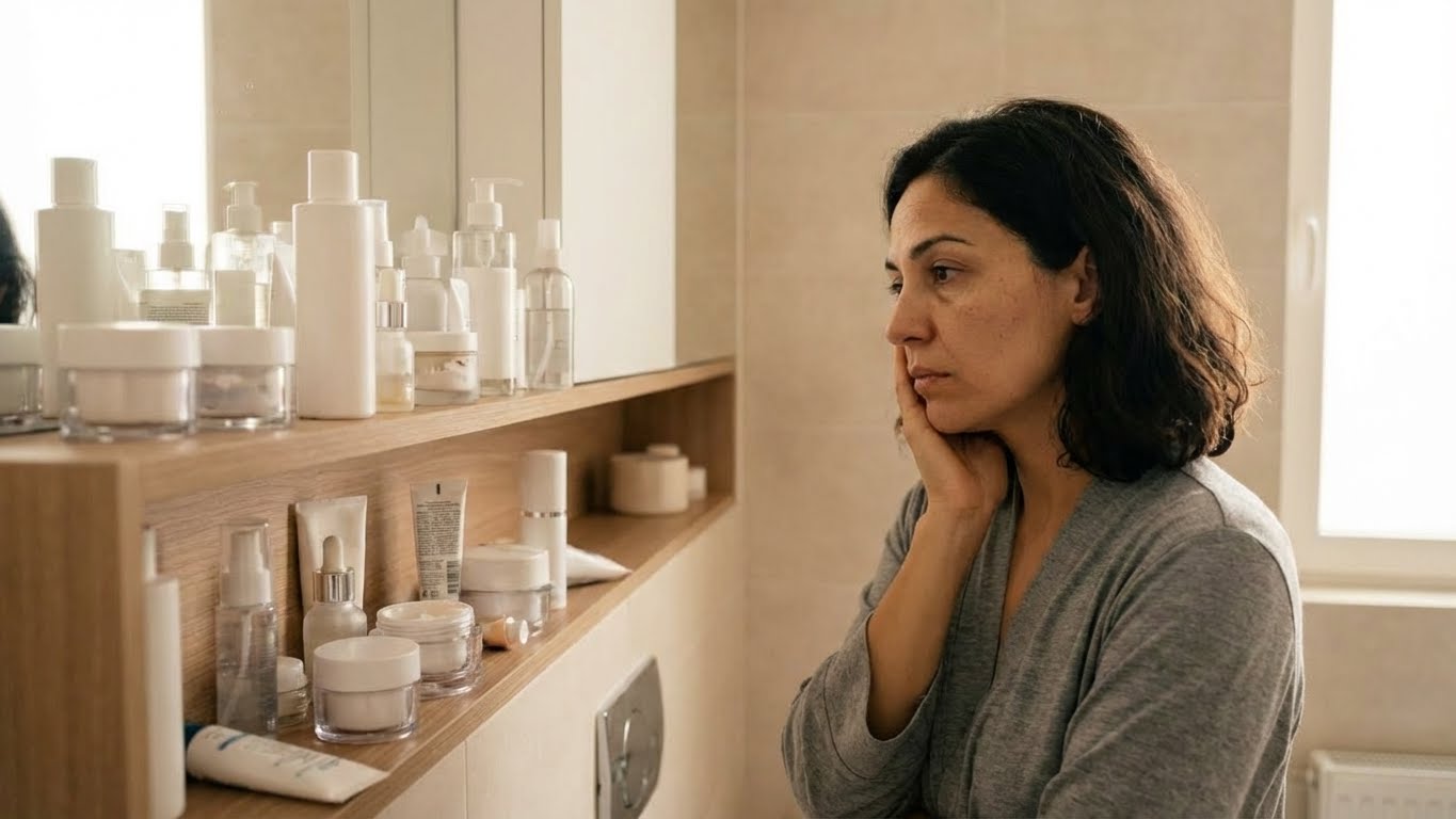 Bathroom shelf with many products, exhaustion